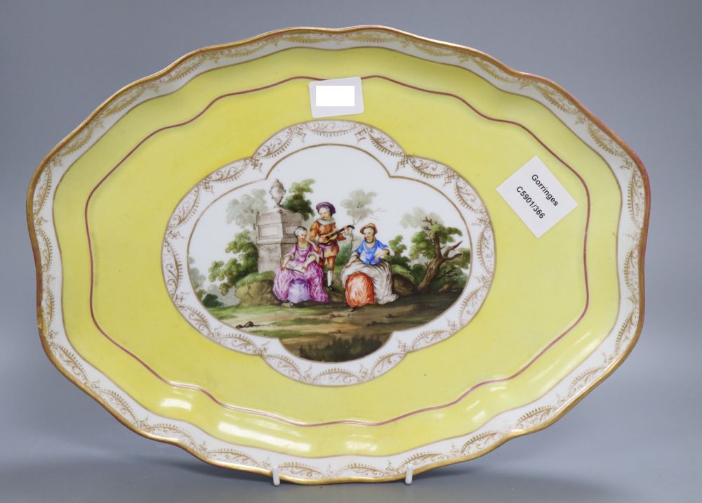 A Meissen porcelain figural painted dish, length 36cm